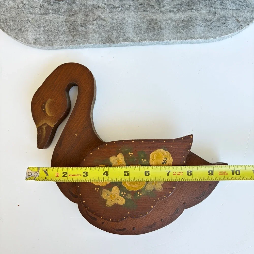 Vintage Hand Painted Wooden Swan Wall Decor Folk Art Yellow Floral 9 Inch